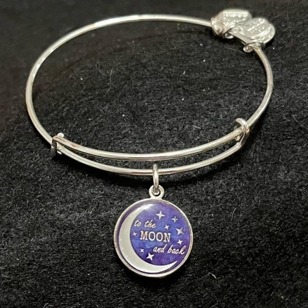 2016 Alex and Ani Stellar Love Silver Bangle Bracelet To the Moon and Back Charm